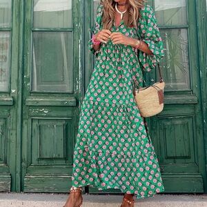 Made With Love Boho Floral Split Neck 3/4 Sleeve Maxi Dress Green Pink. Size S